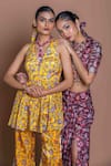 Damoiselle_Maroon Chinon, Silk, Viscose, Shantoon Beads Round Garnet Grid Draped Skirt Set _at_Aza_Fashions