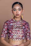 Shop_Damoiselle_Maroon Chinon, Silk, Viscose, Shantoon Beads Round Garnet Grid Draped Skirt Set 