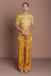 Damoiselle_Yellow Chinon, Silk Embroidery Round Neck Marigold Mirage Crop Top And Pants Set _Online_at_Aza_Fashions