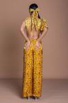 Damoiselle_Yellow Chinon, Silk Embroidery Round Neck Marigold Mirage Crop Top And Pants Set _at_Aza_Fashions