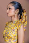 Buy_Damoiselle_Yellow Chinon, Silk Embroidery Round Neck Marigold Mirage Crop Top And Pants Set 