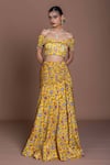 Shop_Damoiselle_Yellow Chinon, Silk, Viscose Embroidery Off-shoulder Mustard Floral Lehenga Set _at_Aza_Fashions