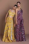 Shop_Damoiselle_Yellow Chinon, Silk, Viscose Embroidery Off-shoulder Mustard Floral Lehenga Set _Online_at_Aza_Fashions