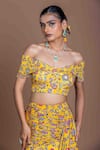 Damoiselle_Yellow Chinon, Silk, Viscose Embroidery Off-shoulder Mustard Floral Lehenga Set _at_Aza_Fashions