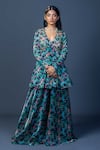 Damoiselle_Black Chinon, Viscose, Georgette Embroidery Midnight Peacock Peplum Ensemble _Online_at_Aza_Fashions