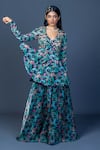 Buy_Damoiselle_Black Chinon, Viscose, Georgette Embroidery Midnight Peacock Peplum Ensemble _at_Aza_Fashions
