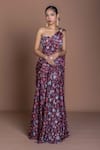 Damoiselle_Maroon Chinon, Silk Pearls Asymmetric Embroidered Midnight Rani Saree _Online_at_Aza_Fashions