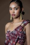 Damoiselle_Maroon Chinon, Silk Pearls Asymmetric Embroidered Midnight Rani Saree _at_Aza_Fashions