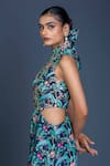 Buy_Damoiselle_Multi Color Chinon, Silk Embroidery High Neck Peacock Mirage Cutout Jumpsuit _Online_at_Aza_Fashions