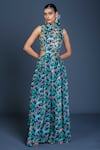 Buy_Damoiselle_Multi Color Chinon, Silk Embroidery High Neck Peacock Mirage Cutout Jumpsuit _at_Aza_Fashions