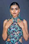Damoiselle_Multi Color Chinon, Silk Embroidery High Neck Peacock Mirage Cutout Jumpsuit _at_Aza_Fashions