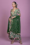 Buy_Damoiselle_Green Chinon, Georgette, Viscose Zari V-neck Floral Print Anarkali Kurta Set _at_Aza_Fashions