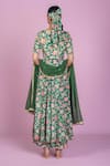 Shop_Damoiselle_Green Chinon, Georgette, Viscose Zari V-neck Floral Print Anarkali Kurta Set _at_Aza_Fashions