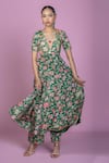 Buy_Damoiselle_Green Chinon, Georgette, Viscose Zari V-neck Floral Print Anarkali Kurta Set _Online_at_Aza_Fashions