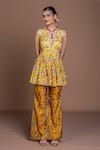 Damoiselle_Yellow Chinon, Silk V-neck Sundrop Saa Sharara Set _at_Aza_Fashions