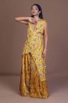 Damoiselle_Yellow Chinon, Silk Embroidery, Tassels Sunlit Drape Layered Kurta And Sharara Set _Online_at_Aza_Fashions