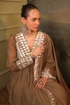 Jigya Japra_Gray Chanderi Sequins V-neck Grey Soft Anarkali Set _Online_at_Aza_Fashions