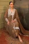 Shop_Jigya Japra_Gray Chanderi Sequins V-neck Grey Soft Anarkali Set _Online_at_Aza_Fashions