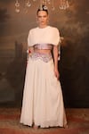 Buy_Jigya Japra_White Chanderi, Chiffon Tassels Round Neck Wrinkle Palazzo And Crop Top Set _at_Aza_Fashions