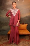 Jigya Japra_Coral Chanderi Mirrors, Embroidery Mandarin Collar Sharara Set _Online_at_Aza_Fashions