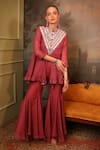Shop_Jigya Japra_Coral Chanderi Mirrors, Embroidery Mandarin Collar Sharara Set _at_Aza_Fashions