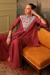 Shop_Jigya Japra_Coral Chanderi Mirrors, Embroidery Mandarin Collar Sharara Set _Online_at_Aza_Fashions