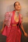 Buy_Jigya Japra_Pink Crepe, Chanderi, Silk, Satin Dusty Chidar Cowl Skirt And Blazer Set _Online_at_Aza_Fashions