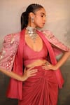 Shop_Jigya Japra_Pink Crepe, Chanderi, Silk, Satin Dusty Chidar Cowl Skirt And Blazer Set _Online_at_Aza_Fashions