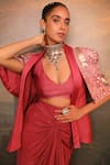 Jigya Japra_Pink Crepe, Chanderi, Silk, Satin Dusty Chidar Cowl Skirt And Blazer Set _at_Aza_Fashions