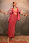 Shop_Jigya Japra_Pink Crepe, Chanderi, Silk, Satin Dusty Chidar Cowl Skirt And Blazer Set _at_Aza_Fashions
