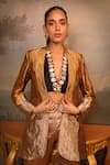 Jigya Japra_Brown Chanderi Silk V-neck Copper Blazer Set _Online_at_Aza_Fashions