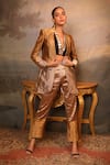Shop_Jigya Japra_Brown Chanderi Silk V-neck Copper Blazer Set _Online_at_Aza_Fashions