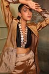 Jigya Japra_Brown Chanderi Silk V-neck Copper Blazer Set _at_Aza_Fashions
