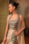 Shop_Jigya Japra_Beige , Silk, Silk, Organza Mirrors Round Neck Cape Set _Online_at_Aza_Fashions