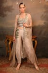 Shop_Jigya Japra_Beige , Silk, Silk, Organza Mirrors Round Neck Cape Set 