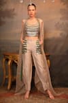 Shop_Jigya Japra_Beige , Silk, Silk, Organza Mirrors Round Neck Cape Set _at_Aza_Fashions