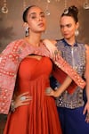 Jigya Japra_Orange Chanderi Embroidery Sweetheart Neck Cinnamon Anarkali And Cape Set _Online_at_Aza_Fashions