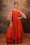 Buy_Jigya Japra_Orange Chanderi Embroidery Sweetheart Neck Cinnamon Anarkali And Cape Set _at_Aza_Fashions