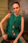 Jigya Japra_Green Chanderi Silk Studs, Sequins Keyhole Neck Rama Top And Pant Set _Online_at_Aza_Fashions