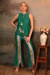 Shop_Jigya Japra_Green Chanderi Silk Studs, Sequins Keyhole Neck Rama Top And Pant Set _Online_at_Aza_Fashions