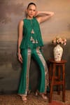 Shop_Jigya Japra_Green Chanderi Silk Studs, Sequins Keyhole Neck Rama Top And Pant Set _at_Aza_Fashions