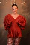 Shop_Jigya Japra_Rust Chanderi Silk Embroidery, Sequins V-neck Red Top And Pant Set _at_Aza_Fashions