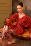 Buy_Jigya Japra_Rust Chanderi Silk Embroidery, Sequins V-neck Red Top And Pant Set _Online_at_Aza_Fashions