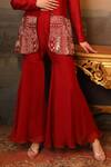 Jigya Japra_Maroon Chanderi Beads, Embroidery Round Neck Blazer Sharara Set _Online_at_Aza_Fashions