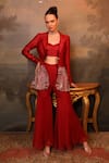 Buy_Jigya Japra_Maroon Chanderi Beads, Embroidery Round Neck Blazer Sharara Set _at_Aza_Fashions