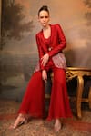 Shop_Jigya Japra_Maroon Chanderi Beads, Embroidery Round Neck Blazer Sharara Set _Online_at_Aza_Fashions