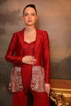 Jigya Japra_Maroon Chanderi Beads, Embroidery Round Neck Blazer Sharara Set _at_Aza_Fashions