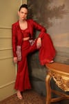 Buy_Jigya Japra_Maroon Chanderi Beads, Embroidery Round Neck Blazer Sharara Set 