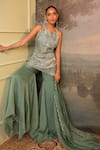 Shop_Jigya Japra_Green Chanderi Sequins, Embroidery, Mirrors Round Neck Sage Kurta Sharara Set _at_Aza_Fashions