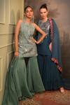 Jigya Japra_Green Chanderi Sequins, Embroidery, Mirrors Round Neck Sage Kurta Sharara Set _at_Aza_Fashions